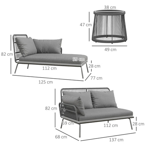 Rootz Outdoor Seating Group - Double Sofa - Garden Sofa - Boho Style - 1 Corner Sofa - 1 Side Table - Light Gray - 125cm x 77cm x 82cm