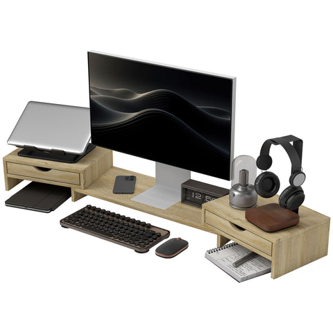 Rootz Monitor Stand - PC Desk Organizer - Screen Riser - Ergonomic Design - 60-116cm Adjustable - Dual Drawers - Brown