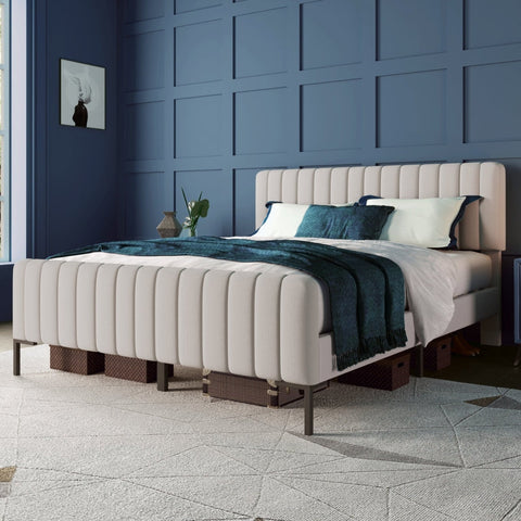 Rootz Gray Beige Double Bed - Upholstered Bed - Modern Bed Frame - Comfort & Style - 209L x 145W x 101-107H cm