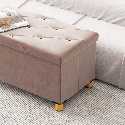 Rootz Foldable Storage Bench - Bedbell - Ottoman - 67L Capacity - Velvet Comfort - 76L x 38B x 38H cm - Pink