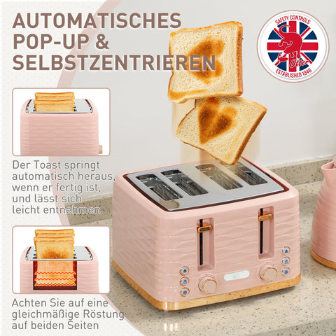 Rootz Pink 2-in-1 Toaster and Kettle Set - Multifunction Kitchen Combo - Elegant Pebble Design - Seven Browning Levels - 24.1x19.5x23.2cm