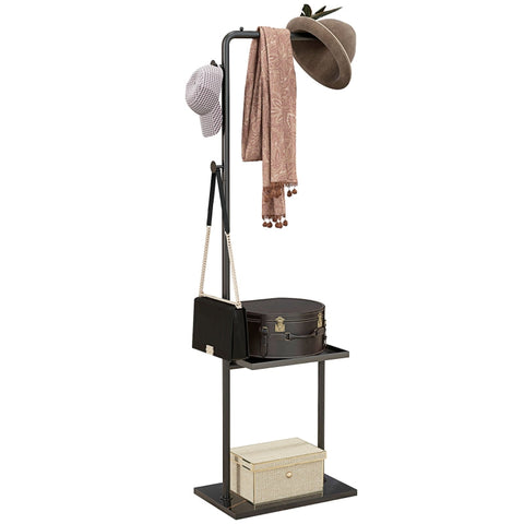 Rootz Coat Stand - Freestanding Coat Rack - Clothes Rail - 3 Hooks - Storage Compartment - Stable Steel Construction - Black - 45cm x 28cm x 148cm