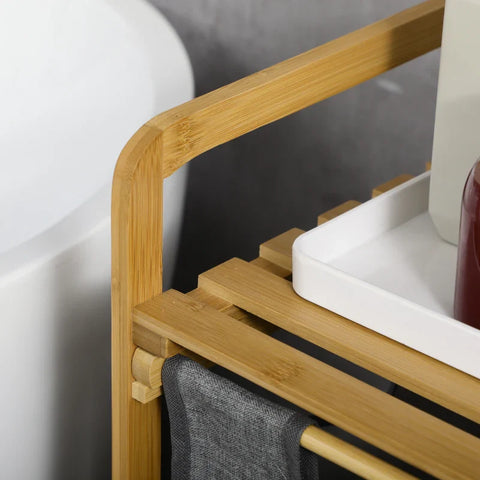 Rootz Bamboo Laundry Basket - Laundry Hamper with Shelf - Pull-out Bags for Bedroom - Bathroom - Laundry Room - Grey - 64 x 33 x 73 cm