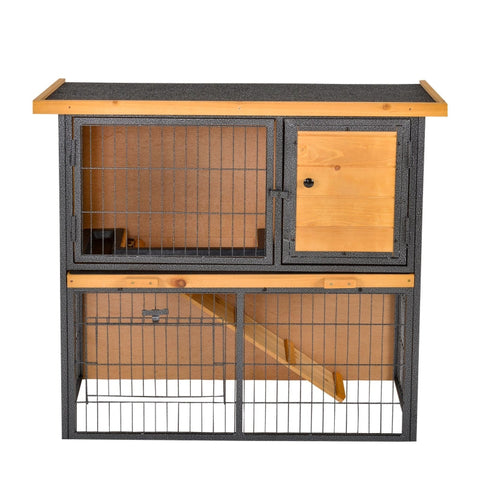 Rootz Small Animal Stable Hutch - Rabbit Cage - Guinea Pig Enclosure - Weatherproof - Non-Slip Ramp - Lockable Doors - 89.5cm x 45cm x 81cm