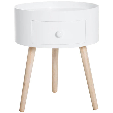 Rootz Coffee Table With Drawer -  Side Table - Round - Scandi Design - Protective Edge - Wood - White - Ø38 x H45 cm