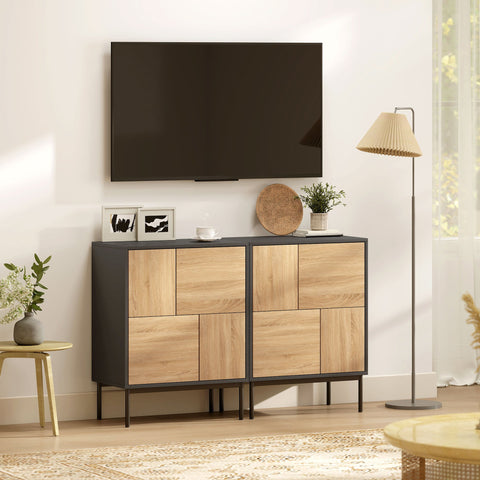 Rootz Sideboard Cabinet - Storage Cupboard, Buffet Console - Push-to-Open, Easy Access, Sturdy Metal Legs - Black & Natural Wood - 60x35x78 cm