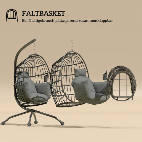 Rootz Hanging Outdoor Swing Chair - Foldable Basket Seat - Egg Chair - Comfort with Cup Holder - 120cm x 88cm x 192cm