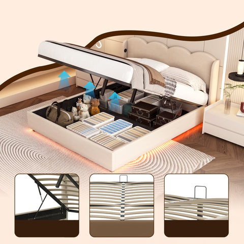 Rootz Double Bed - Wavy Headboard - Hydraulic Storage - Velvet Optics - USB Ports - 205cm x 148cm x 96cm