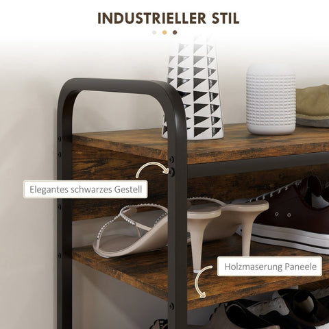 Rootz Industrial Shoe Rack - 4 Tier Shoe Stand - Wood Grain & Black Frame - Open Design - Holds 11 Pairs - Sturdy Steel Frame - 70cm x 30cm x 65cm