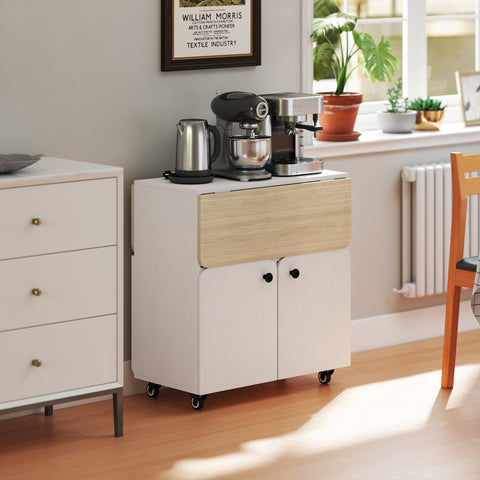 Rootz Folding Table Cabinet - Convertible Dining Table - Expandable Roller Cabinet - Space-Saving Design - 70 x 83 x 75cm - White + Brown