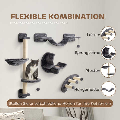 Rootz 4-Part Cat Climbing Wall Set - Cat Tree - Wall-Mounted Cat Furniture - Space-Saving Design - Double Jumping Platform 30x30x96 cm - Grey, Brown