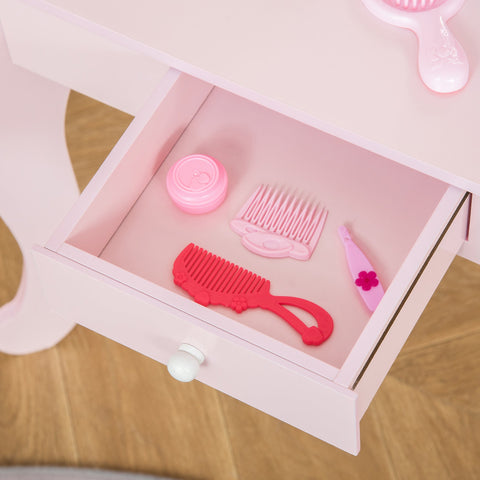 Rootz Children's Dressing Table Set - Makeup Vanity - Kid's Beauty Table - Heart Design - MDF, Pink - 60L x 36W x 88H cm