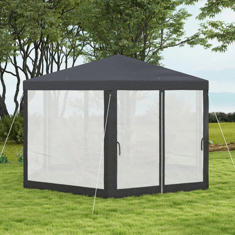 Rootz Gazebo - Garden Pavilion - Hexagonal - Ground Spikes - Mesh Curtains - Metal Frame - Polyester - Metal - Dark Gray - L394 x W341.2 x H250 cm