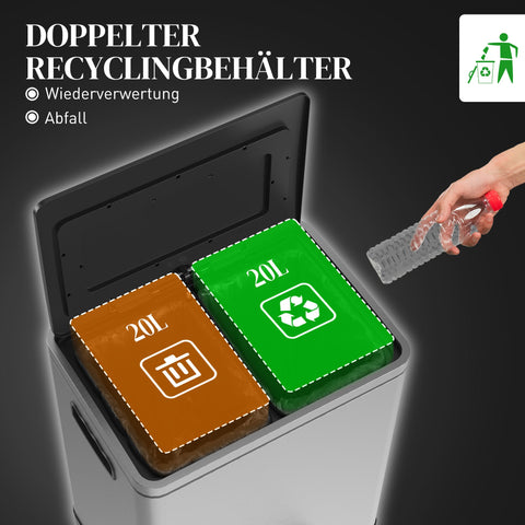 Rootz Garbage Can - Waste Bin - Trash Container - Quiet & Hygienic Experience - Stainless Steel, Silver, 2x 20L - 40cm x 34.8cm x 59cm