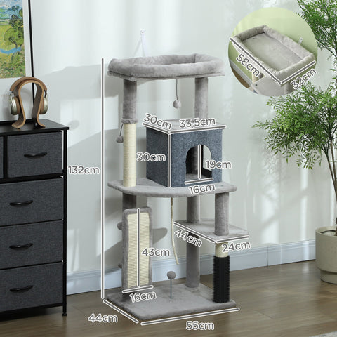 Rootz 52" Cat Tree - Activity Scratching Post - Play Center - Sisal for Claw Care - 55L x 44W x 132H cm - Grey