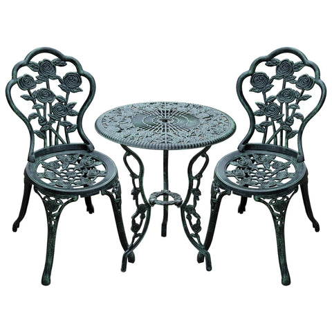 Rootz 3 Piece Bistro Set - Garden Furniture - Outdoor Patio Set - Antique Green - Weatherproof - Durable - Parasol Holder - Chair: W49 x D40 x H82 cm, Table: Ø60 x H69 cm