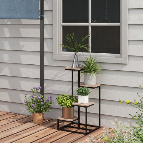Rootz Industrial Plant Shelf - Flower Stand - Metal and Wood Display - 4 Levels - Sturdy and Stylish - 40cm x 40cm x 75.5cm