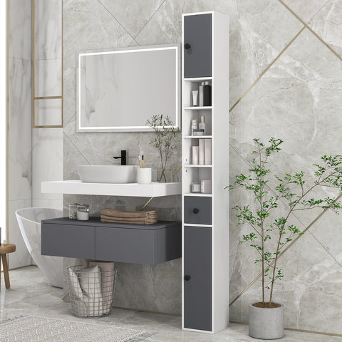 Rootz Bathroom Cabinet - Storage Unit - Vanity Organizer - Ample Storage - 20x20x180 cm Grey with Drawer & Adjustable Shelves