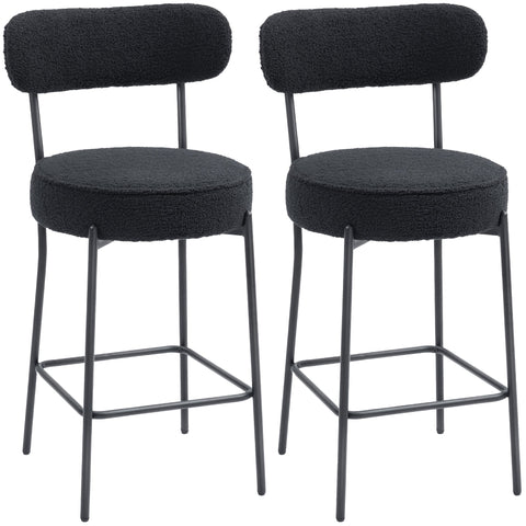 Rootz Set of 2 Bar Chairs - Upholstered Bar Stools - Kitchen Counter Chairs - Comfortable & Modern - Black Fleece, Footrest, 49x52x95 cm