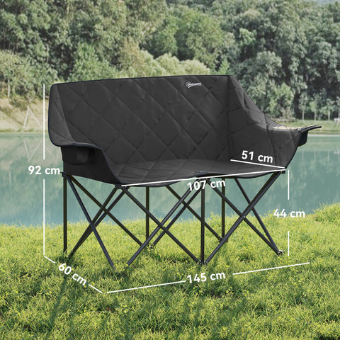 Rootz 2 Seated Camping Chair - Foldable - Outdoor Furniture - Supports Up to 250kg - Black - 145cm x 60cm x 92cm