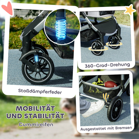 Rootz 3 in 1 Dog Buggy - Pet Stroller - Foldable Cat Carrier - Padded Cabin - 83cm x 61cm x 103cm - Up to 10kg - Grey, Black