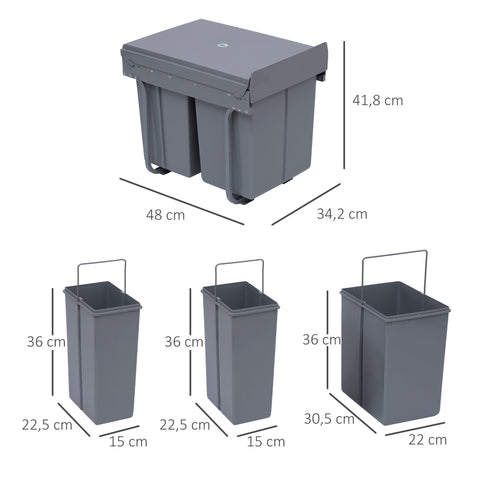 Rootz Built-in Rubbish Bin Set - Waste Separation - Recycling Bins - Space-Saving - 48cm x 34.2cm x 41.8cm