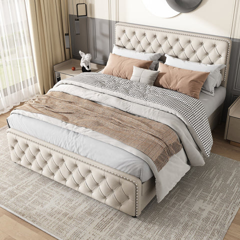 Rootz Upholstered Bed - Adjustable Headboard - Storage Bed Frame - Linen Fabric - 211.5cm x 180cm x 96.5-108.5cm