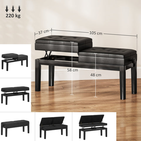 Rootz Piano Bench - Piano Stool - Music Seating - Adjustable Storage - Waterproof Synthetic Leather - 105cm x 37cm x 48-58cm