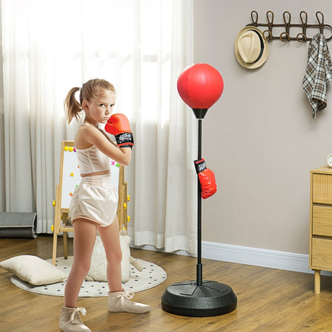 Rootz Children's Adjustable Height Punching Bag Set - Kids Boxing Kit - Spring-Buffer Stand - Safe Materials - Red - 44.3cm x 122.5-147cm