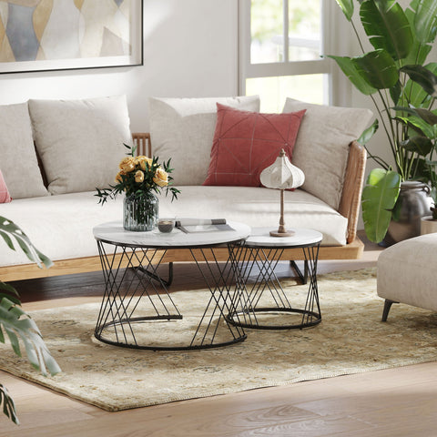 Rootz 2 Piece Set Couch Tables - Round Coffee Table - Marble Look Living Room Tables - Space Saving - Ø70 x 46.5cm & Ø44 x 39cm