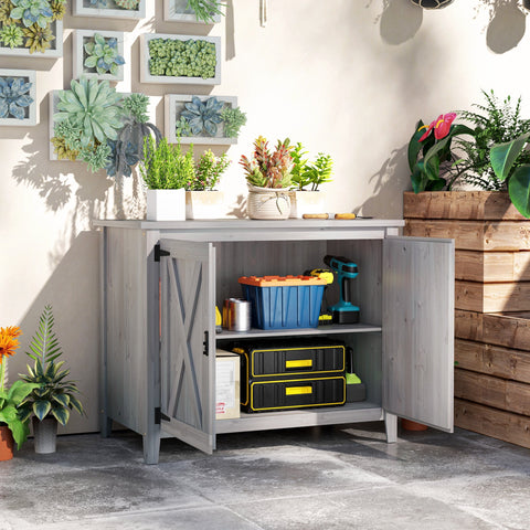 Rootz Wooden Garden Cabinet - Outdoor Storage Unit - Weatherproof Tool Shed - Barn Design -  Grey - 110cm x 60cm x 88.5cm