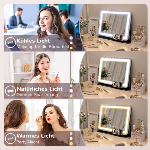 Rootz Rotatable Black LED Make-up Mirror - Vanity Mirror - Cosmetic Mirror - USB Connection - 3 Light Modes - 62.5x14x52 cm