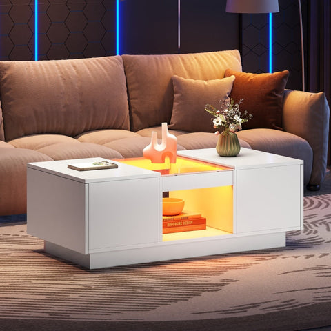 Rootz Modern Coffee Table - White Centerpiece - LED Accent Table - App-Controlled Lighting - 100cm x 50cm x 35.5cm