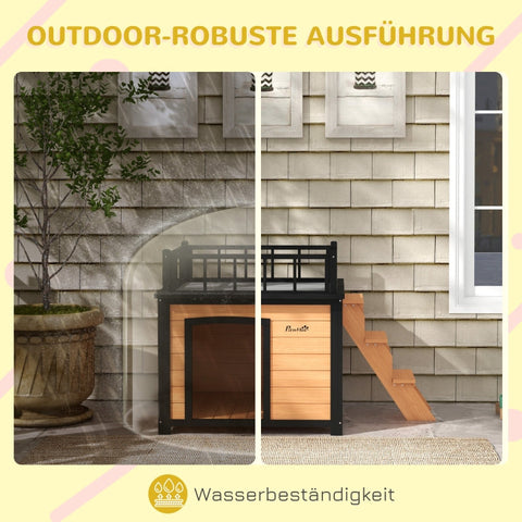 Rootz Wooden Dog House - Roof Terrace Dog Kennel - Fir Wood Pet Shelter - Waterproof Paint - Yellow - 121cm x 77cm x 78cm