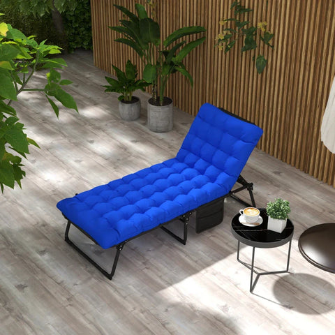 Rootz Sun Lounger - 4-way Adjustable Backrest - Foldable - Magazine Compartment - Pillow - Dark Blue - 70cm x 190cm x 32cm