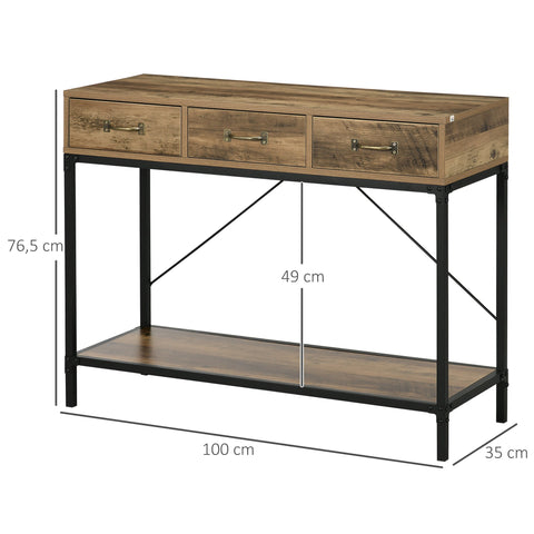 Rootz Console Table - Entrance Table - Industrial Design - 3 Drawers - Wood Look - 100 x 35 x 76.5 cm - Light Brown & Black
