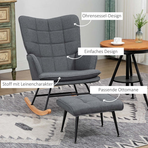 Rootz Rocking Chair with Footstool - Nursing Chair - Padded Armchair - Elegant Design - Beech Wood Legs - Gray - 64cm x 89cm x 90cm