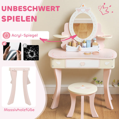 Rootz Children's Dressing Table Set - Kids Vanity Desk - Makeup Table - Removable Mirror, Storage Drawer, Promotes Creative Play - Pink - 59.8x29.6x89.8cm