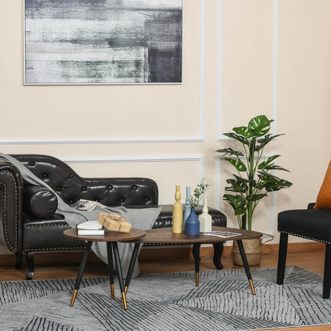 Rootz 2 Piece Art Deco Coffee Tables - Couch Tables - Elegant Decor - Sloping Black Metal Legs, Golden Ends - 96x50x40.5cm & Ø50x45cm