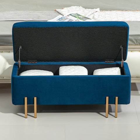 Rootz Dark Blue Upholstered Bench - Storage Bench - Footrest - Hidden Storage - 100 x 40 x 42 cm