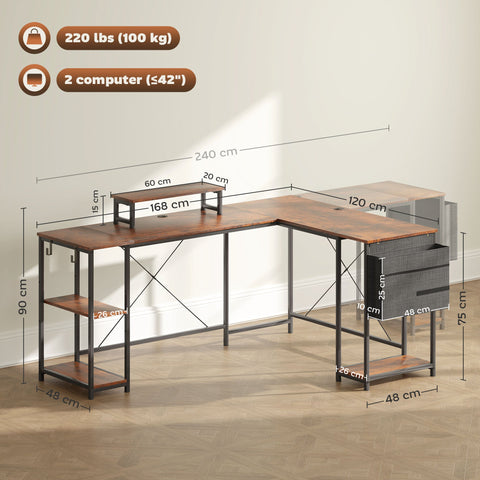Rootz L-shaped Desk - Versatile Office Table - Ergonomic Monitor Stand - Adjustable Shelves - 168cm x 120cm x 90cm