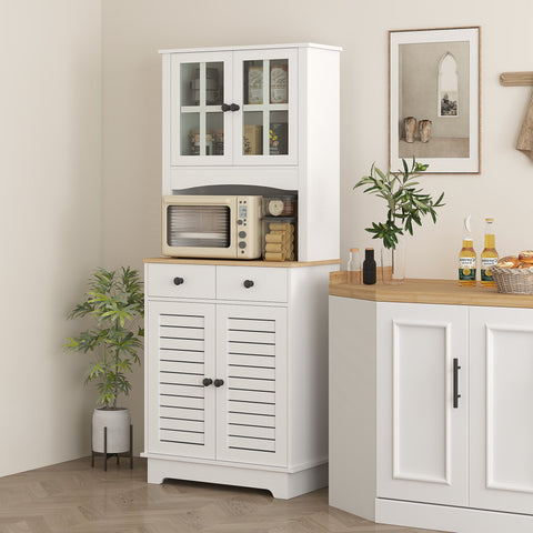 Rootz Kitchen Cabinet with Glass Doors - Dish Storage - Dining Room Cabinet - Ample Storage - 68 x 39.5 x 170 cm, White-Brown