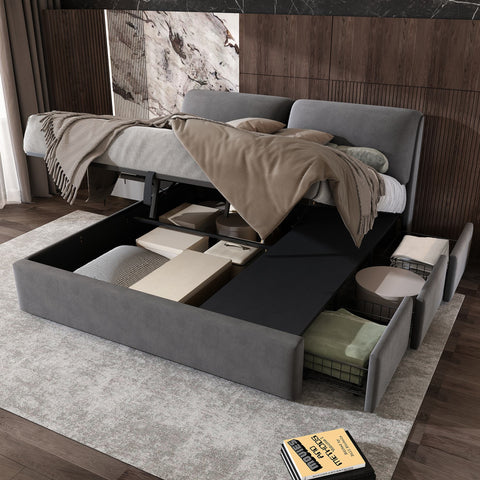 Rootz Upholstered Bed with Storage - Hydraulic Bed Box - Velvet Frame - Extra Storage & Comfort - 210cm x 180cm x 102cm