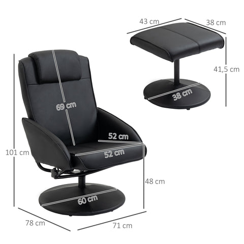 Rootz Relaxation Armchair with Foot Stool - Lounge Chair - Ergonomic Recliner - Synthetic Leather - Black - 78cm x 52cm x 98cm