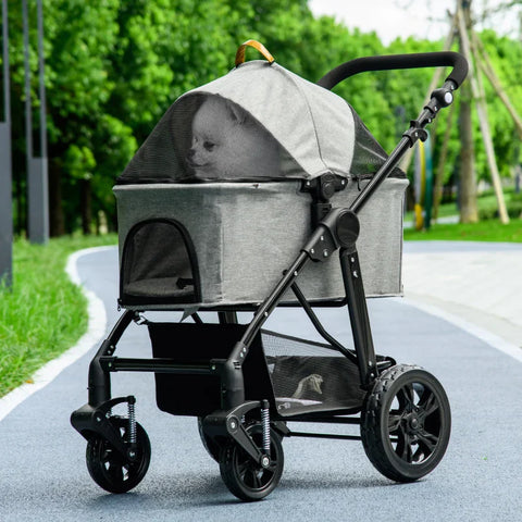 Rootz Folding Dog Buggy - Pet Stroller - Foldable Trolley - Shock absorbing - Adjustable Handlebar - Light Brown - 99cm x 62cm x 106cm