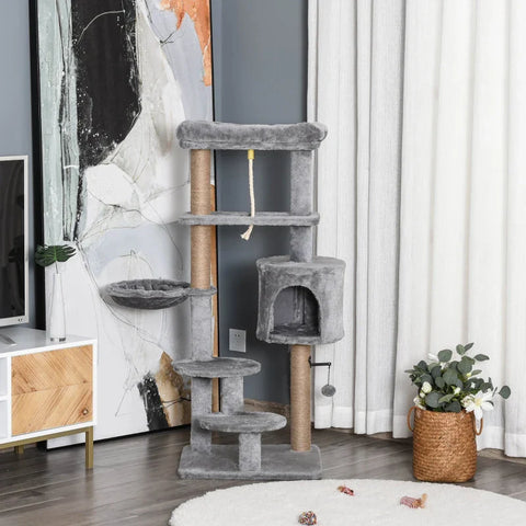 Rootz Scratching Post - Cat Tree - 1 Cat Cave - Cat Bed - 1 Hammock - Including Toys - Chipboard - Light Gray - 48cm x 48cm x 120cm