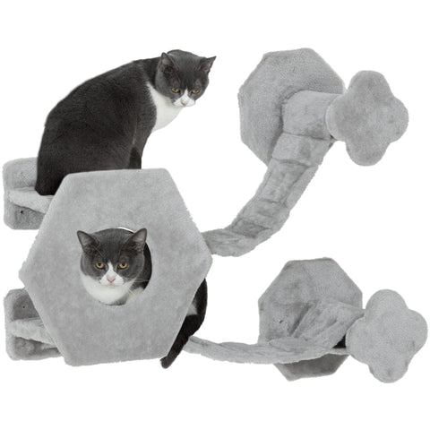 Rootz Cat Climbing Wall - Cat Paradise - Wall Mounted Cat Tree - Space Saving - Soft Plush - Chipboard Construction - Light Gray - 154cm x 30cm x 38cm