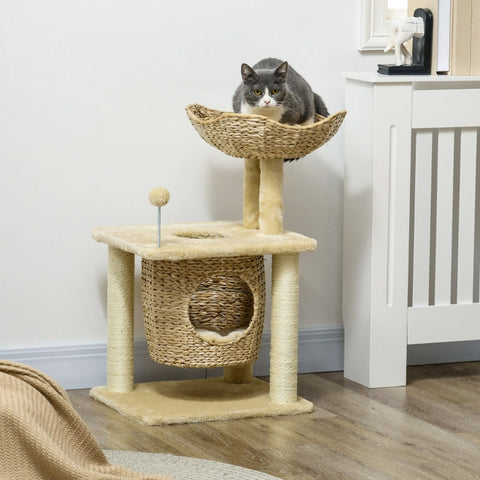 Rootz Cozy Chic Cat Tree - Elegant Feline Tower - Braided Reed Coaching - Plush Coverings - Scratching Posts - Sisal - 45cm x 40cm x 74cm