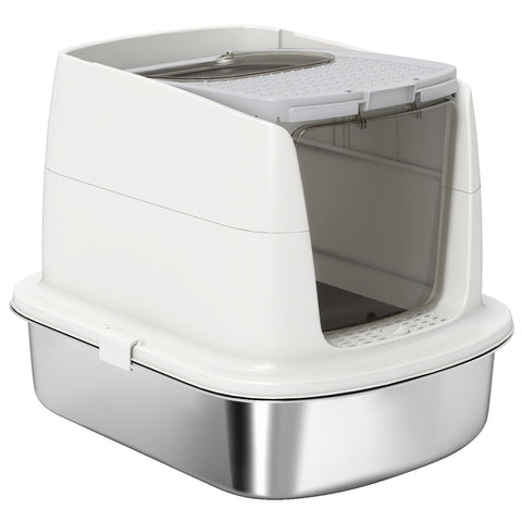 Rootz Stainless Steel Cat Toilet - Enclosed Litter Box - Odor-Free Pet House - Quick Cleaning - 52.4cm x 41.3cm x 39.8cm