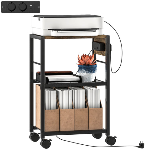 Rootz Printer Rack - Printing Shelf - Mobile Stand - Dual EU Sockets - 42cm x 28.5cm - Holds Up to 40kg - Rustic Brown and Black